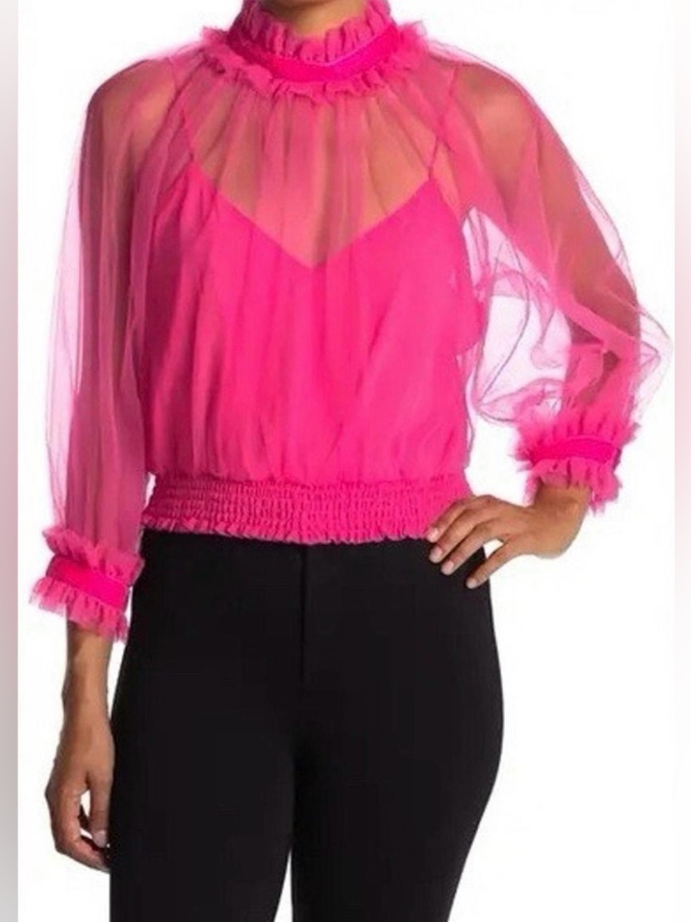 Alice + Olivia Hot Pink Sheer Ruffle-Neck Blouse